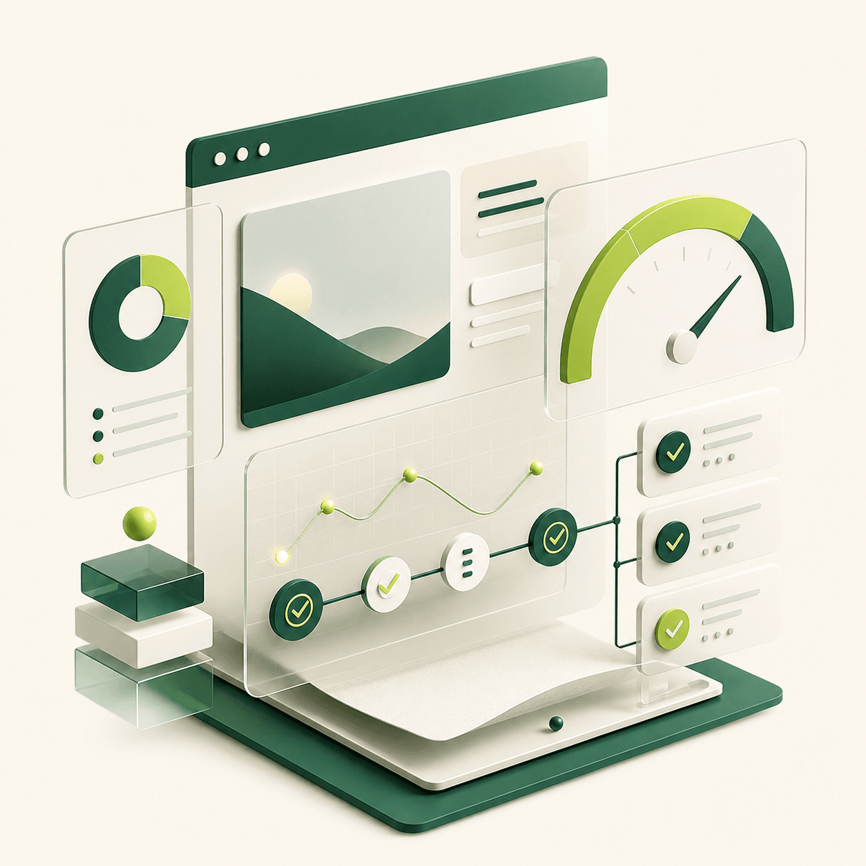 A layered website audit dashboard with scores, progress, and completed improvements